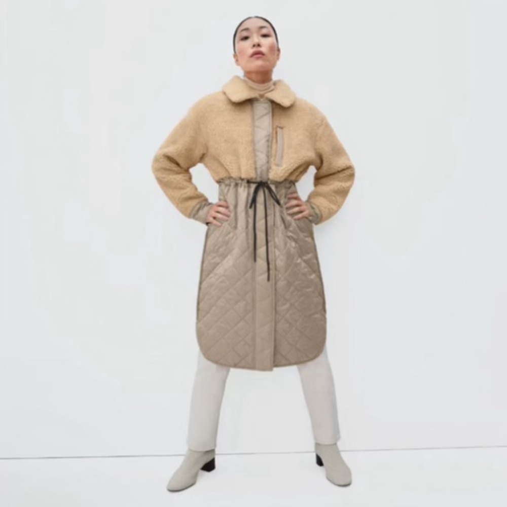 EUC Everlane The Quilted Teddy Coat Cashew Cream Khaki
